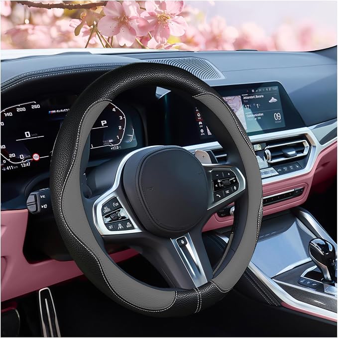 SuperKaKa Gray and Black Car Steering Wheel Cover 2025, Universal Auto PU Cute Breathable Slip-Proof Comfort Imitation L