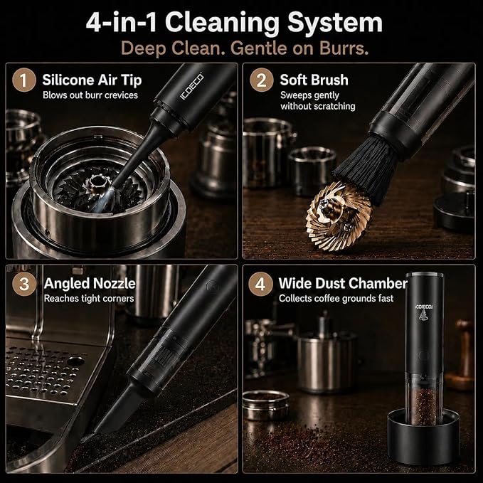 Coffee Grinder Vacuum Cleaner, Rechargeable Mini Vacuum for Coffee Grounds, Espresso Machine & Barista Station Cleaning Tool with 4 Attachments, Portable Desktop Cleaner for Home Baristas