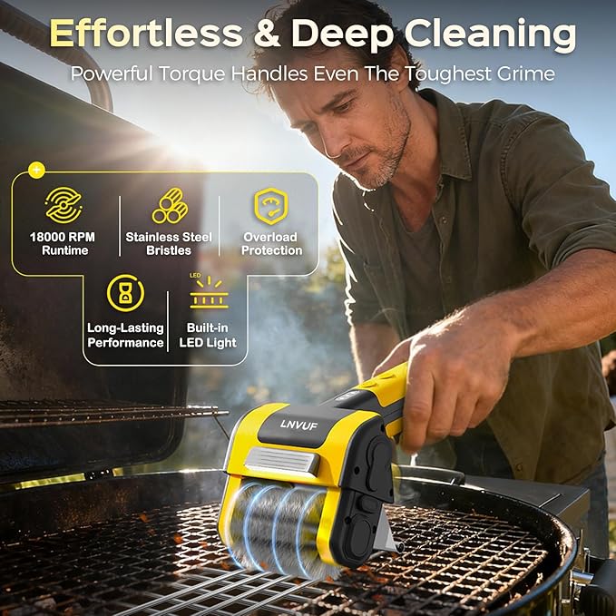 Electric Grill Brush, Grill Cleaner with LED Light, with 800 RPM Motor, 304 Removable Stainless Steel Brush Head, Cordless & Type-C Rechargeable for BBQ, Heavy Duty Grill Cleaning Tool (Yellow)