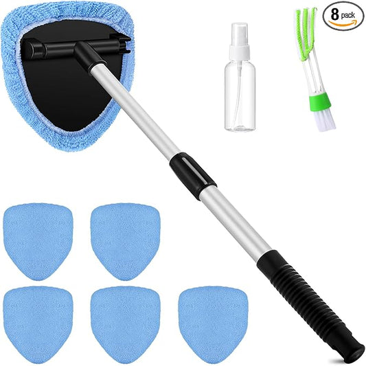 Potchen 8 Pcs Car Windshield Cleaner Tool Kit with Extendable Handle, Microfiber Towel Pads, Brush, Empty Spray Bottle for Auto Glass Wiper Suvs Rvs & Home Windows(Light Blue)