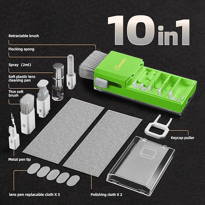 Tassmpitor Laptop Screen Keyboard Cleaner Kit, All in 1 Electronics Cleaning Tool for MacBook iPad iPhone Pro Cell Phone, Brush Tool for Tablet, Computer, PC Monitor,TV Camera Lens with Patent, Green
