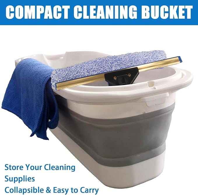 Window Cleaning Kit with Storage Bucket,Window Washing Kit with 4.13Ft Extension Pole,Scrubber,Spray Bottle,Duster Cloth,Squeegee with Rotating Head,Professional Window Cleaning Squeegee Kit