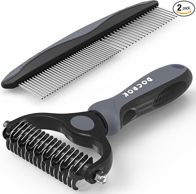 Docrok Pet Grooming Brush and Metal Comb Combo, Cat Brush Dog Brush for Shedding, Undercoat Rake for Dogs Grooming, Dematting Deshedding Brush Dogs Shedding Tool for Long matted Haired Pets, Gray
