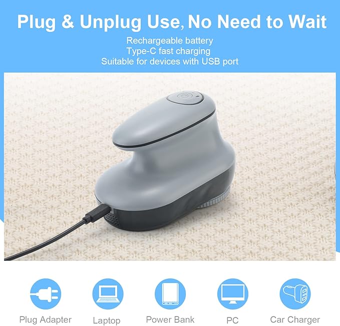 Rechargeable Fabric Shaver with 6-Leaf Blades, JUEYINGBAILI Electric Lint Remover, Upgrade Pill Fuzz Remover for Couch, Clothes, Furniture, Sweater, Lint Shaver with 6-Leaf Blades, Gray