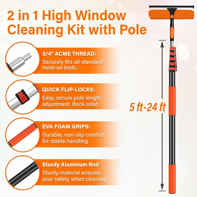 30FT Telescoping Window Squeegee Kit | 2-in-1 Professional Window Washer & Microfiber Scrubber with Extension Pole | High Reach Cleaning Tool for Outdoor, Indoor Windows & Glass