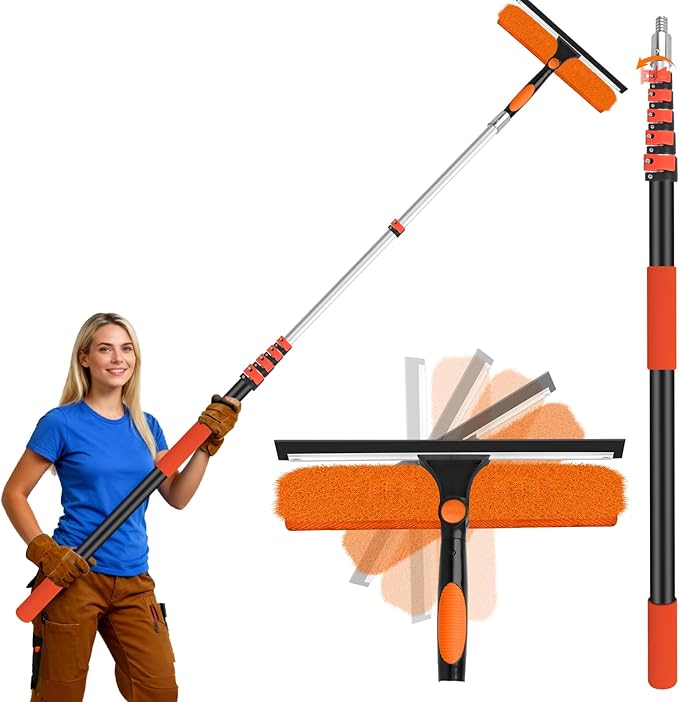 14" Extra-Wide Window Squeegee with Extension Pole, 30FT High Reach Window Cleaning Kit with- 2-in-1 Professional Window Scrubber & 5-24FT Extension Pole, for Indoor & Outdoor High Windows,RVs