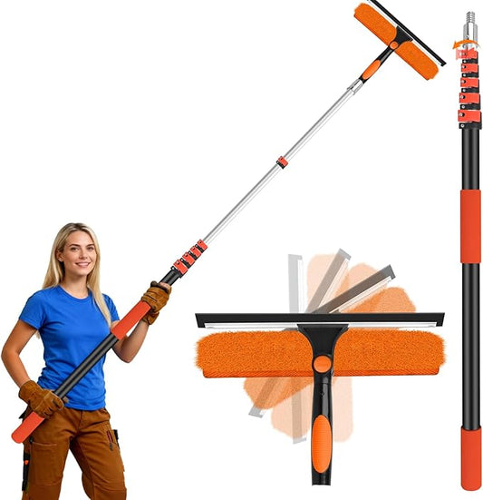 14" Extra-Wide Window Squeegee with Extension Pole, 30FT High Reach Window Cleaning Kit with- 2-in-1 Professional Window Scrubber & 5-24FT Extension Pole, for Indoor & Outdoor High Windows,RVs