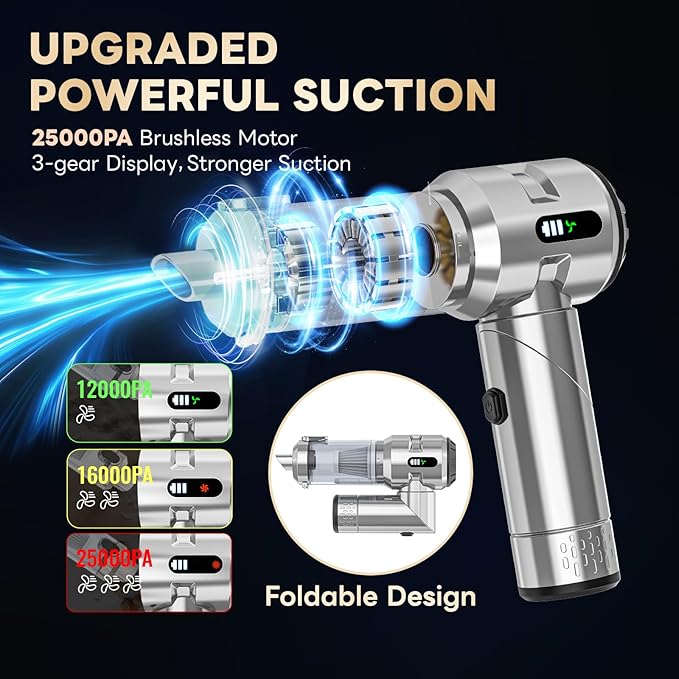 【Upgraded Version】Sycoodeal Car Vacuum Cleaner,Mini Portable Vacuum Cordless,25000PA Powerful Strong Cyclonic Suction USB Rechargeable Foldable Handheld Vacuum with One-touch Dust Removal for Car,Home