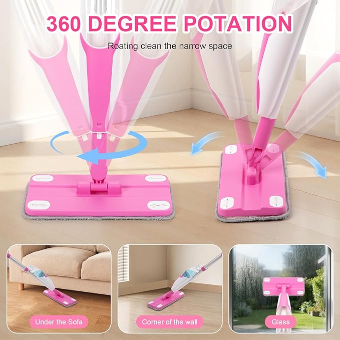 Kids Spray Mop, Toddler Cleaning Set with Real Water Sprayer, 2 Washable Mop Pads & Storage Clip, Pretend Play Montessori Housekeeping Toys for Boys Girls Ages 3 4 5 6 7 8