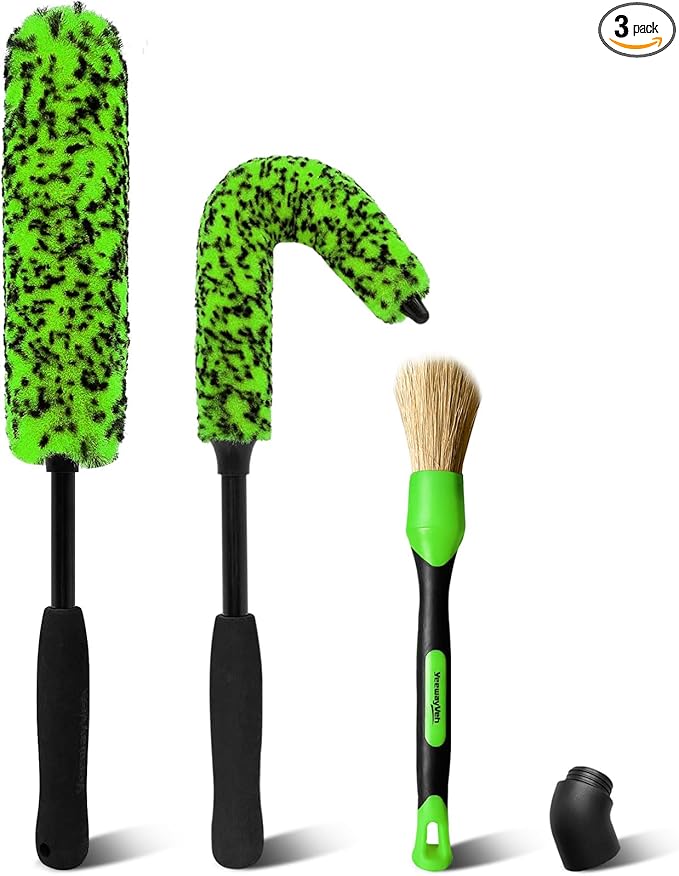 YeewayVeh 3PCS Quick Car Wheel Brush Kit, 2-Size 360° Bendale Rim Cleaner Brushes, Boars Hair Detailing Brush, Fast Scratch-Free Cleaning for Car Wheels, Motorcycle, Green