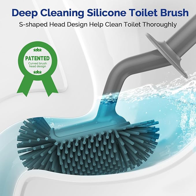 HAMITOR Toilet Bowl Brush Holder Set: Silicone Toilet Cleaner Brush with Curved Design Deep Cleaning Compact Hidden Scrubber for Bathroom Small Space - Modern Rv Toilet Decor Accessories - Gray