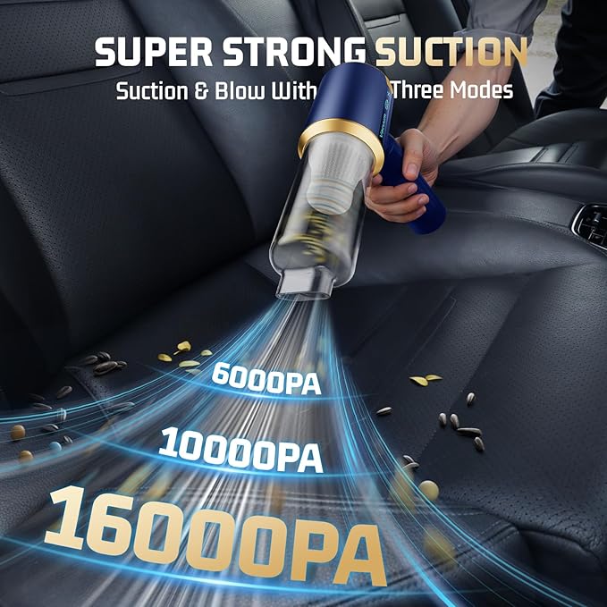 Cordless Car Vacuum Cleaner: Handheld Vacuum with 16000Pa Strong Suction, Brushless Motor & HEPA Filter, 7-in-1 Cleaning Kit, Type-C Charging for Home Office Car Pet - Navy Blue