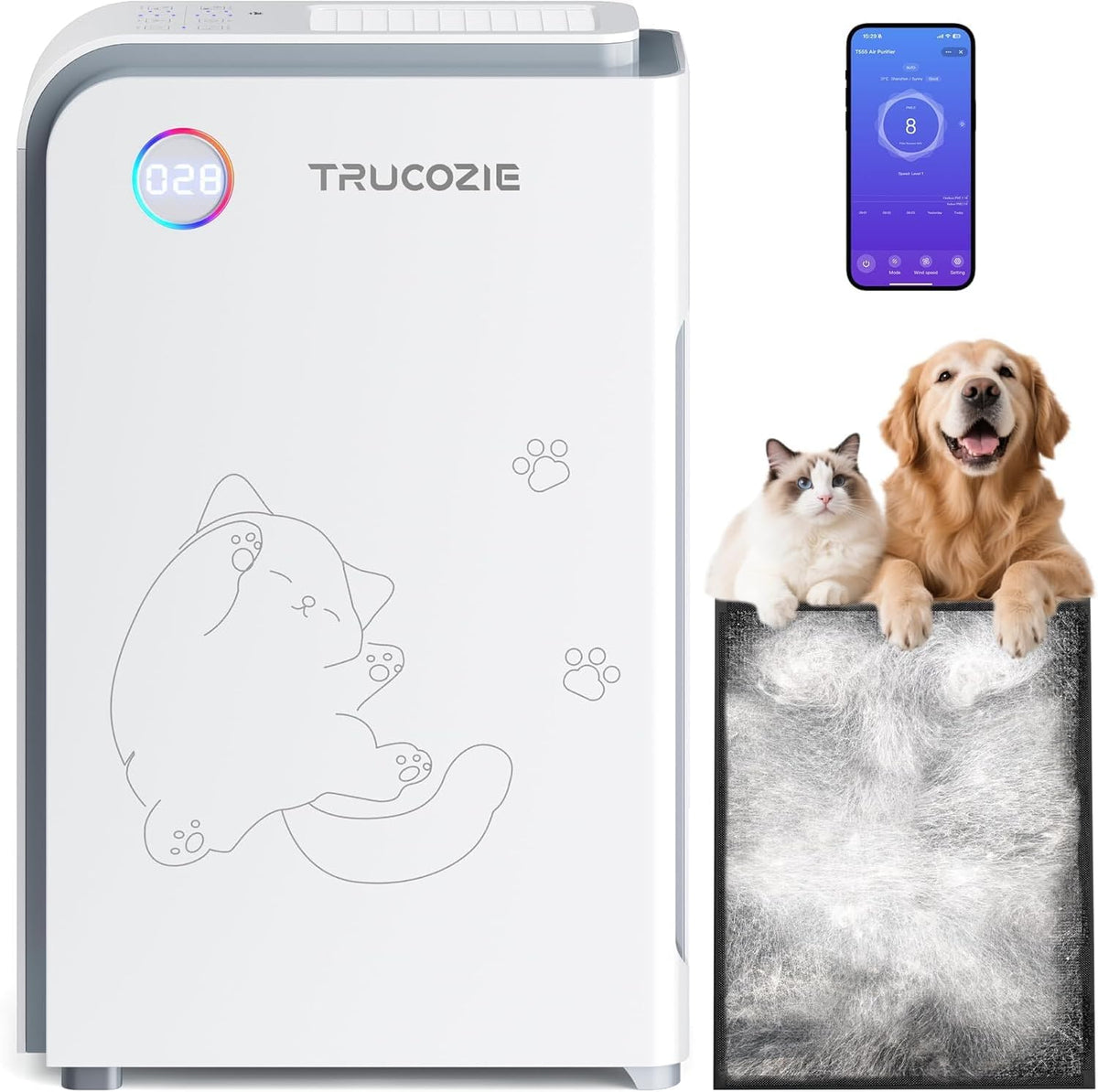Large Pet Air Purifier for Home up to 3000 Ft², Absorbs Floating Cat and Dog Hair, Smart WiFi, 3-in-1 Filter with Anion, Activated Carbon & HEPA for Pet Allergies, Smoke, Dust, White