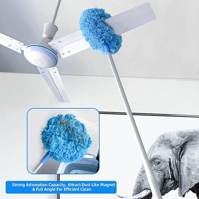 Ceiling Fan Duster Retractable Ceiling Cleaner Reusable Microfiber Ceiling Fan Blade Cleaner Duster with Extension Pole 13 to 50 inch for Furniture Bookshelves Wall Door Blue