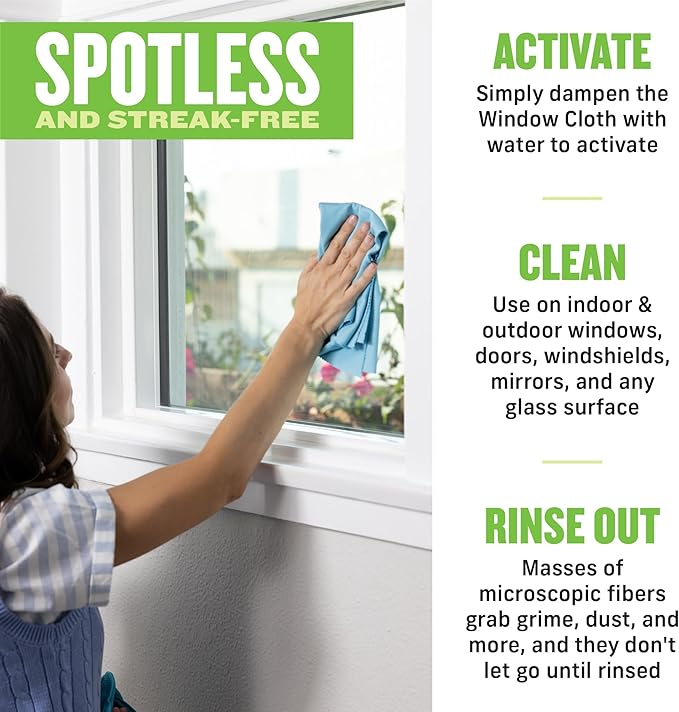 E-Cloth Window Cleaning Cloth - Eco Packaging - Glass Cleaning Cloth, Streak-Free Windows with Just Water, Microfiber Towel Kit for Windows, Car Windshield, Mirrors - Alaskan Blue