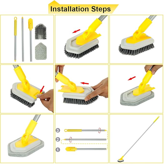 Lalafancy Shower Cleaning Brush with Locking Head, 3 in 1 Tub Tile Scrubber Brush with 50'' Extendable Long Handle Stiff Bristles Scouring Pads Microfiber for Cleaning Bathtub Shower Wall Bathroom