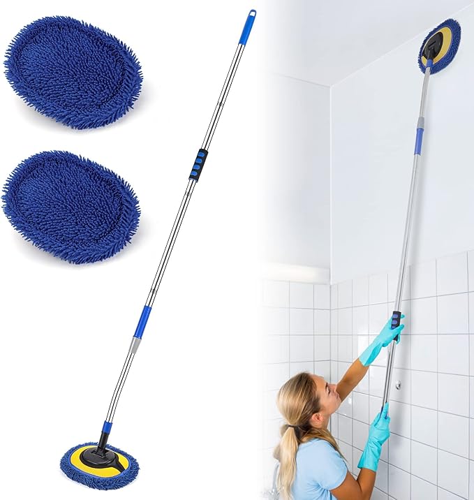 Wall Cleaner, Max 66'' Wall Mop with Long Handle, Ceiling Dust Mop with 15° Labor-Saving Elbow Extension Pole, Baseboard Duster Washer Scrubber, High Reach Window Cleaning Brush, Roof Cleaning Tool-BU