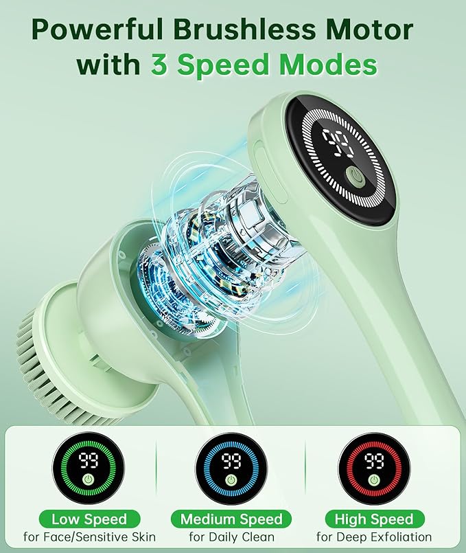 Electric Body Brush Back Scrubber for Shower, Waterproof Long Handle Power Auto Body Scrubber with 5 Heads, 3-Speed Rechargeable Bath Brush for Women, Men, Deep Cleansing, Exfoliating, Massage Skin