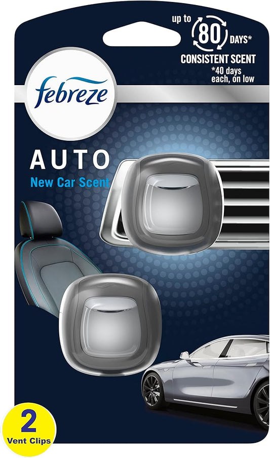 Febreze AUTO Air Freshener, Odor-Fighting Automotive Vent Clip, Scented Car Accessories, Long Lasting for Strong Odors, New Car Scent, 2 Count