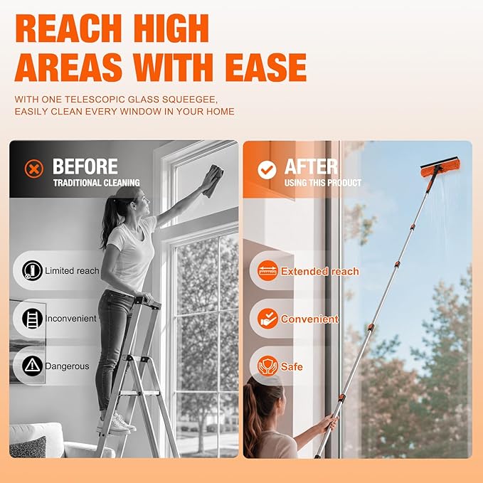 LAANPOLE 20FT Window Squeegee with Extension Pole, 2-in-1 Squeegee for Window Cleaning, Professional Cleaning Kit for Home with 12FT Telescoping Pole for Outdoor Indoor Use