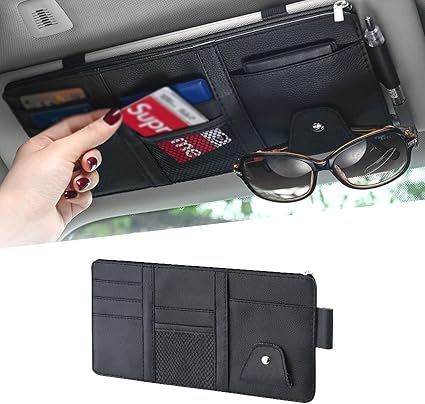 UGSHY Pack of 1 Leather Zipper Visor Storage Bag, Multifunctional Pocket Business Card Holder, 11.4In x 5.9In Car Sun Vi