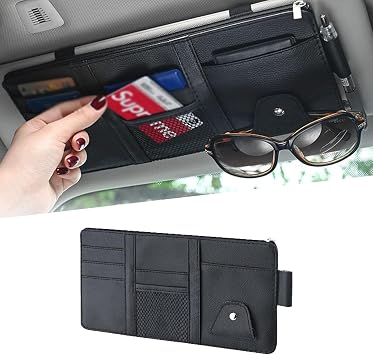 UGSHY Pack of 1 Leather Zipper Visor Storage Bag, Multifunctional Pocket Business Card Holder, 11.4In x 5.9In Car Sun Vi