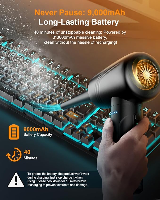 11-in-1 Compressed Air Duster 3-Speed Adjustable 120000 RPM with LED Light, Reusable no Canned Keyboard Cleaner for Office, 9000mAh Cordless Air Duster for Computer/Car/Home (Black)