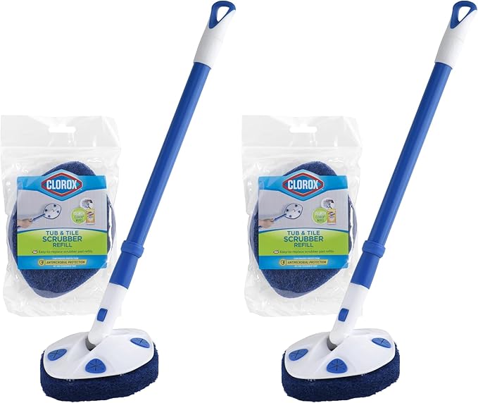 CLOROX Extendable Tub and Tile Scrubber (Pack of 2) with Extra Pad - Plastic Head, Blue, Tile Surface