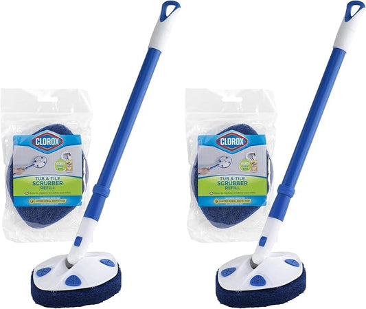 CLOROX Extendable Tub and Tile Scrubber (Pack of 2) with Extra Pad - Plastic Head, Blue, Tile Surface