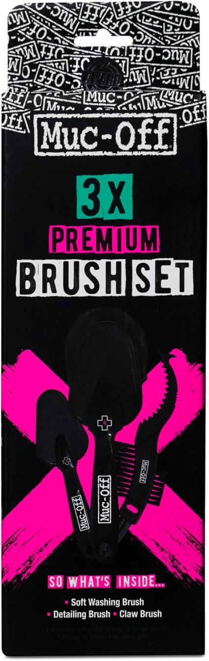 Muc-Off 220 3 Piece Premium Brush Kit - Includes 3 Bike Cleaning Brushes With Durable Nylon Bristles And Ergonomic Rubbe