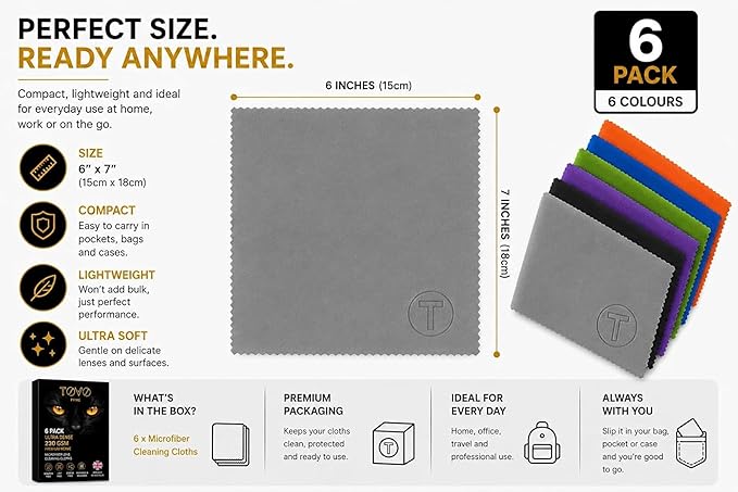Microfiber Cleaning Cloth – 6 Pack, 230 GSM Ultra Soft Lens Cloth for Glasses, Camera & Screens, Streak-Free, Lint-Free, Scratch-Safe (6x7 Inch)