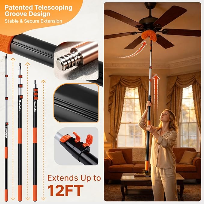 20ft High Ceiling Duster Kits with 4-12ft Heavy Duty Extension Pole, Ceiling Fan Duster, Cobweb Duster, Microfiber Duster, Window Squeegee & Cleaner, Wall Mop for Home & House Cleaning
