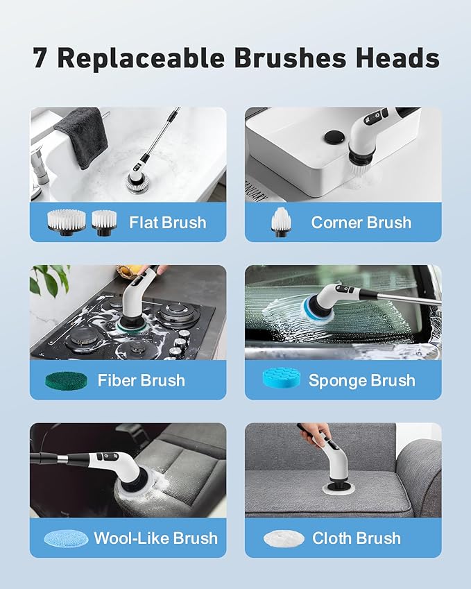Powerful Electric Spin Scrubber, for Mom, Cordless Cleaning Brush, 90-Min Extended Runtime, Telescopic Long Handle, 8 Replaceable Heads, 2 Speeds for Bathroom, Floor & Glass