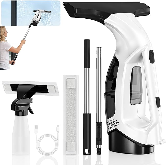 Window Vacuum Squeegee Cordless with Extendable Pole 31-40", 2000Pa Electric Window Cleaner with 2200mAh and 150ml Dirty Water Tank, Long Handle Shower Squeegee for Glass Door, Windows (White)