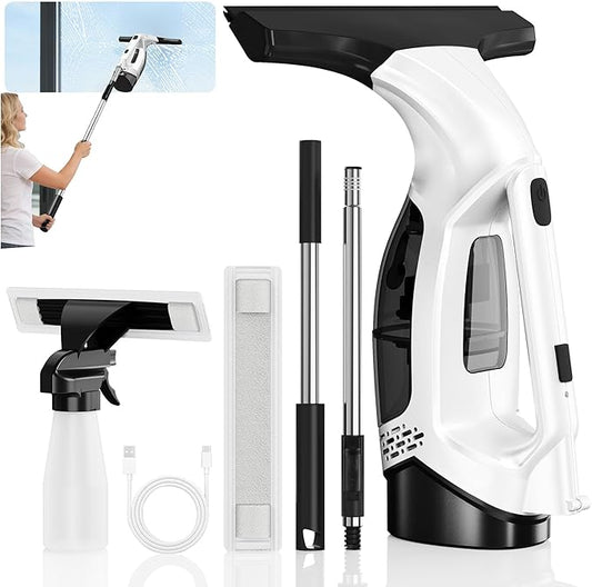 Window Vacuum Squeegee Cordless with Extendable Pole 31-40", 2000Pa Electric Window Cleaner with 2200mAh and 150ml Dirty Water Tank, Long Handle Shower Squeegee for Glass Door, Windows (White)