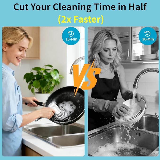 Electric Dish Scrubber, Mini Cordless Kitchen Cleaning Brush with 4 Replaceable Heads, 20W High-Torque Dual Speed, IPX7 Waterproof LED Display 90-120 Mins Runtime (ECB-S3)