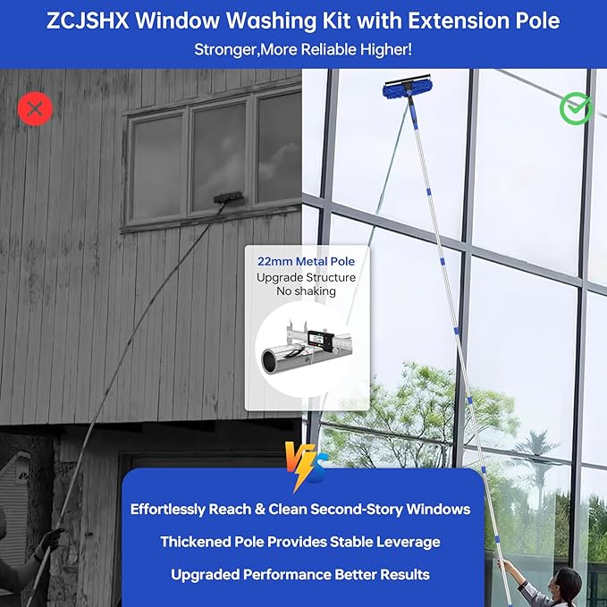 Window Squeegee Tool with Extension Pole: 20+ Feet Microfiber Scrubber Window Cleaning Kit for Rv Truck Bus Car Windshield - 3 to 14 Ft Spliceable Extendable Long Duster for High Outside Solar Panel