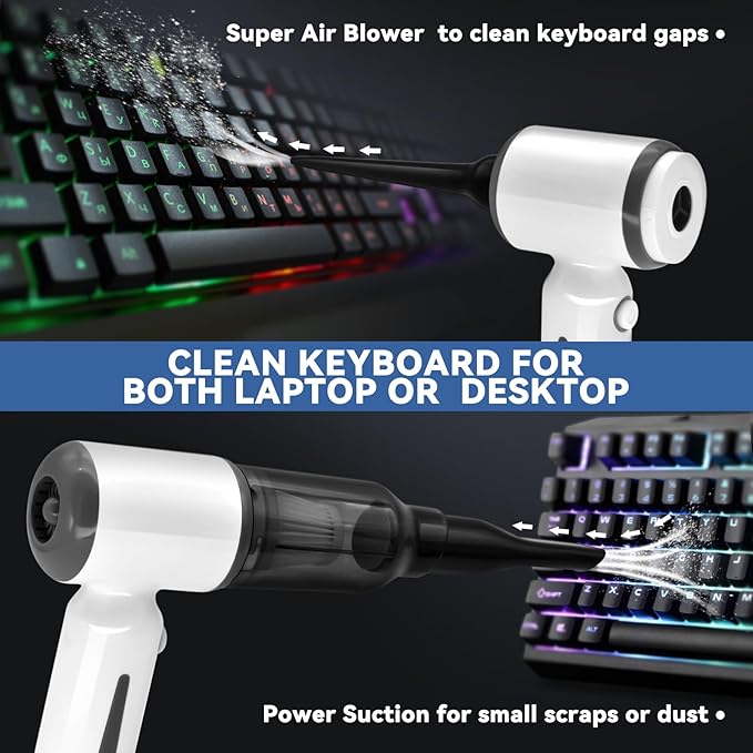 Cordless Handheld Vacuum for Car and Home - 6500Pa Powerful Suction, 3-in-1 Vacuum & Blower for Keyboard Cleaning, Computer Duster