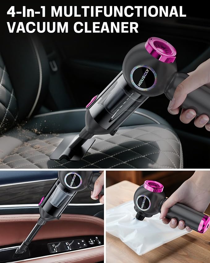 houscly Handheld Car Vacuum Portable Cordless 25000Pa High Power Small Mini Hand Vacuum Rechargeable 4-in-1 Wireless Handheld Vac for Car Office Desktop Home Cleaning Ideal Gifts for Men & Women