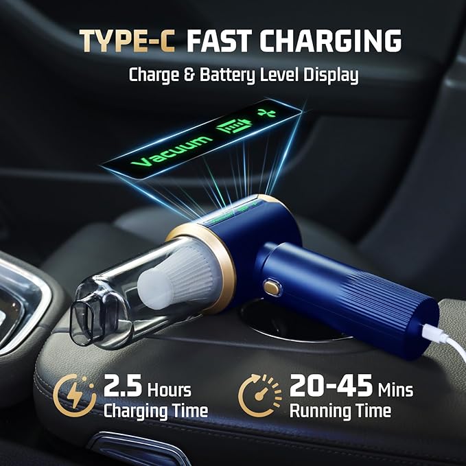 Cordless Car Vacuum Cleaner: Handheld Vacuum with 16000Pa Strong Suction, Brushless Motor & HEPA Filter, 7-in-1 Cleaning Kit, Type-C Charging for Home Office Car Pet - Navy Blue