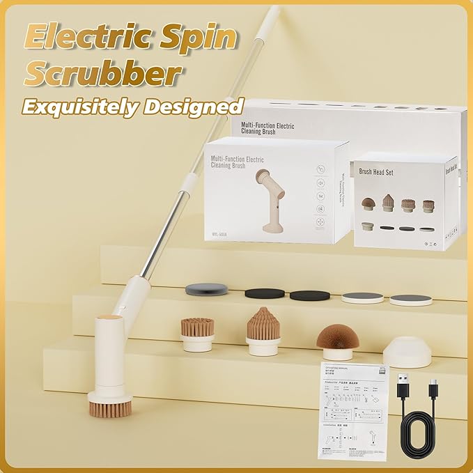 Electric Spin Scrubber, 2600mAh Battery with Extra-Long Runtime, 10 Brush Heads, IPX7 Waterproof Power Shower Scrubber with Long Handle, 2 Speeds Cordless Cleaning Brush for Bathroom Bathtub