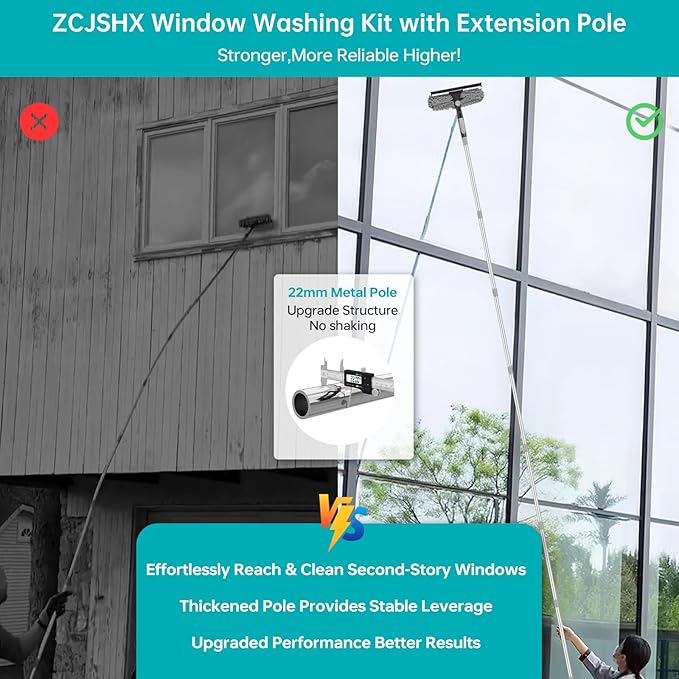 2-in-1 squeegee for window cleaning: 20+ Ft Long Reach cleaner tool with extension pole in home office commercial building Skylight Floor Ceiling Wall Dusting for Homeowner Car Enthusiast DIY Cleaners