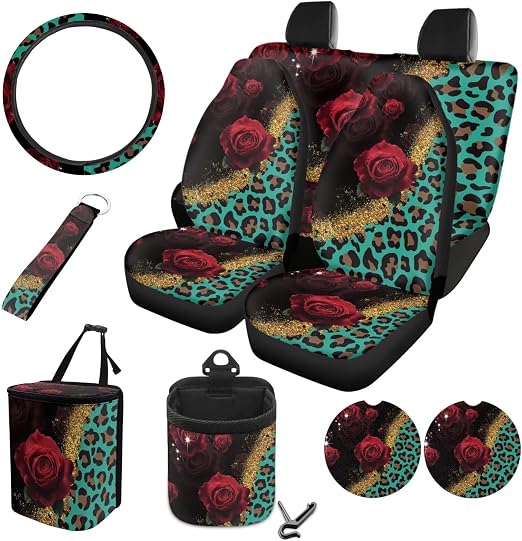 Rose Leopard Pattern Car Accessories Sets 10 Pack Elastic Front Rear Bench Bucket Seat Cover Steering Wheel Cover Car Tr