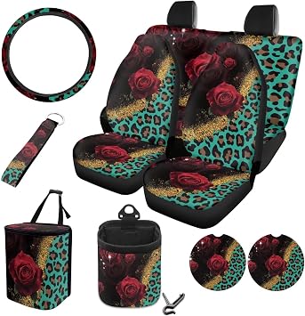 Rose Leopard Pattern Car Accessories Sets 10 Pack Elastic Front Rear Bench Bucket Seat Cover Steering Wheel Cover Car Tr