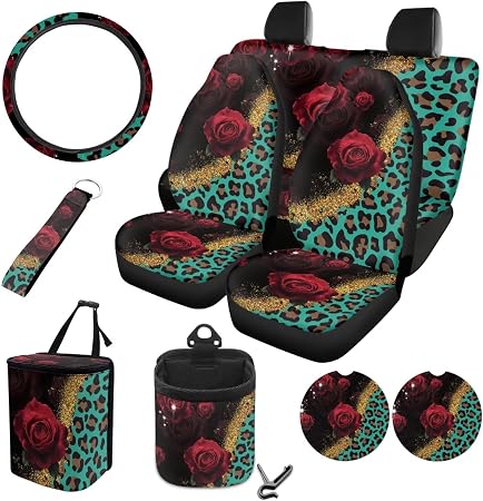 Rose Leopard Pattern Car Accessories Sets 10 Pack Elastic Front Rear Bench Bucket Seat Cover Steering Wheel Cover Car Tr