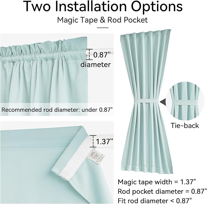 Vatge Magic Tape Blackout Window Cover Aqua French Door Curtains for Glass Window, 1 Panel, W54 x L40, Aqua