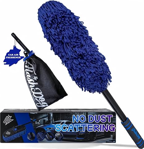 Flash Dog Waterless Car Duster - Wax Cotton Strands 360°Swivel Head & Extendable Aluminum Alloy Handle for Scratch-Free 