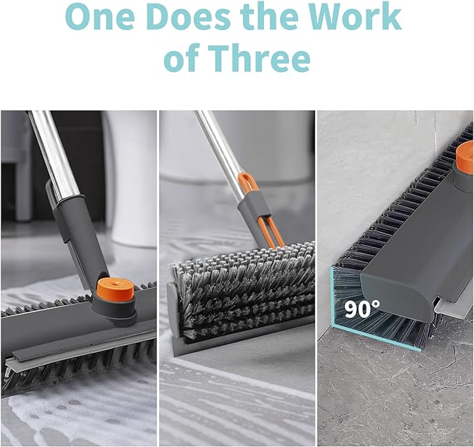 Floor Scrub Brush with Long Handle, 3 in 1 Scrape and Heavy-Duty Stiff Bristle Scrubber Brush for Cleaning Shower Bathroom, Patio, Pool, Garage, Kitchen, Wall and Deck (Gray, 2 Pack)