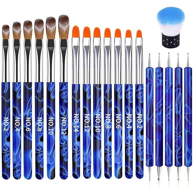 19Pcs Navy Blue Nail Art Brush Set, Nail Brushes Kit with Acrylic Nail Brush, Gel Polish Brushes, Dotting Tools, Nail Dust Brush, Manicure Tool for Acrylic Powder Application, Sculpting & Cleaning