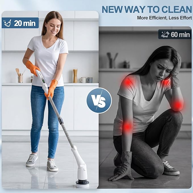 Electric Spin Scrubber, Power Cleaning Brush with 3 Speed Modes LED Light, 7 Replaceable Heads Cordless Shower Scrubber, Long Handle Extendable Scrubber for Bathroom, Floor, Tub, Tile, Grout